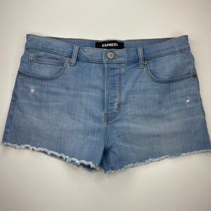 Express Stretch+ Performance Shortie Vintage Mid Rise Denim Shorts Light Wash 8